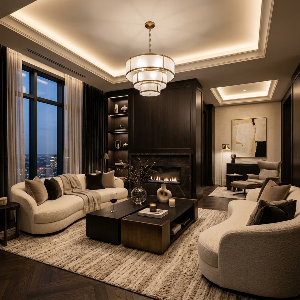 Luxurious, elegant interior with creamy tones and warm lighting
