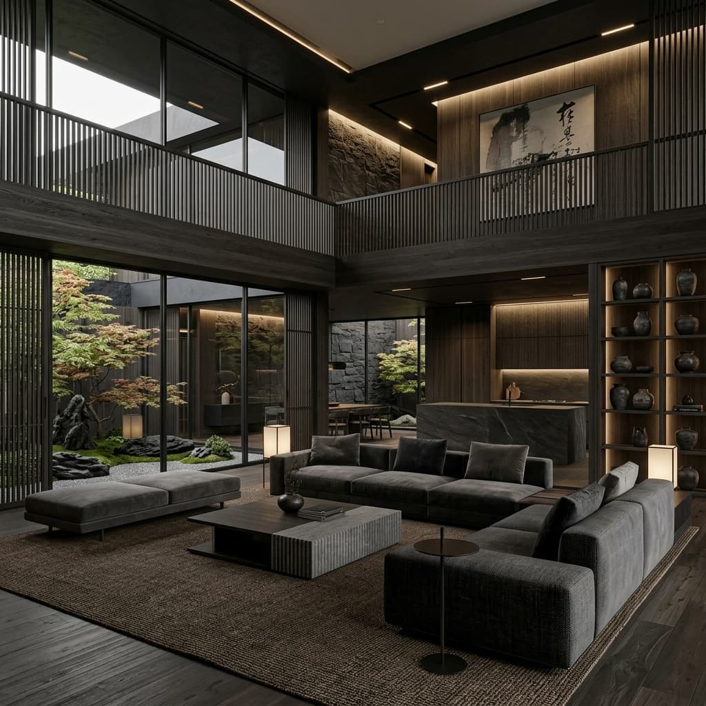 Luxury dark interior living room with modern furniture and warm ambient lighting