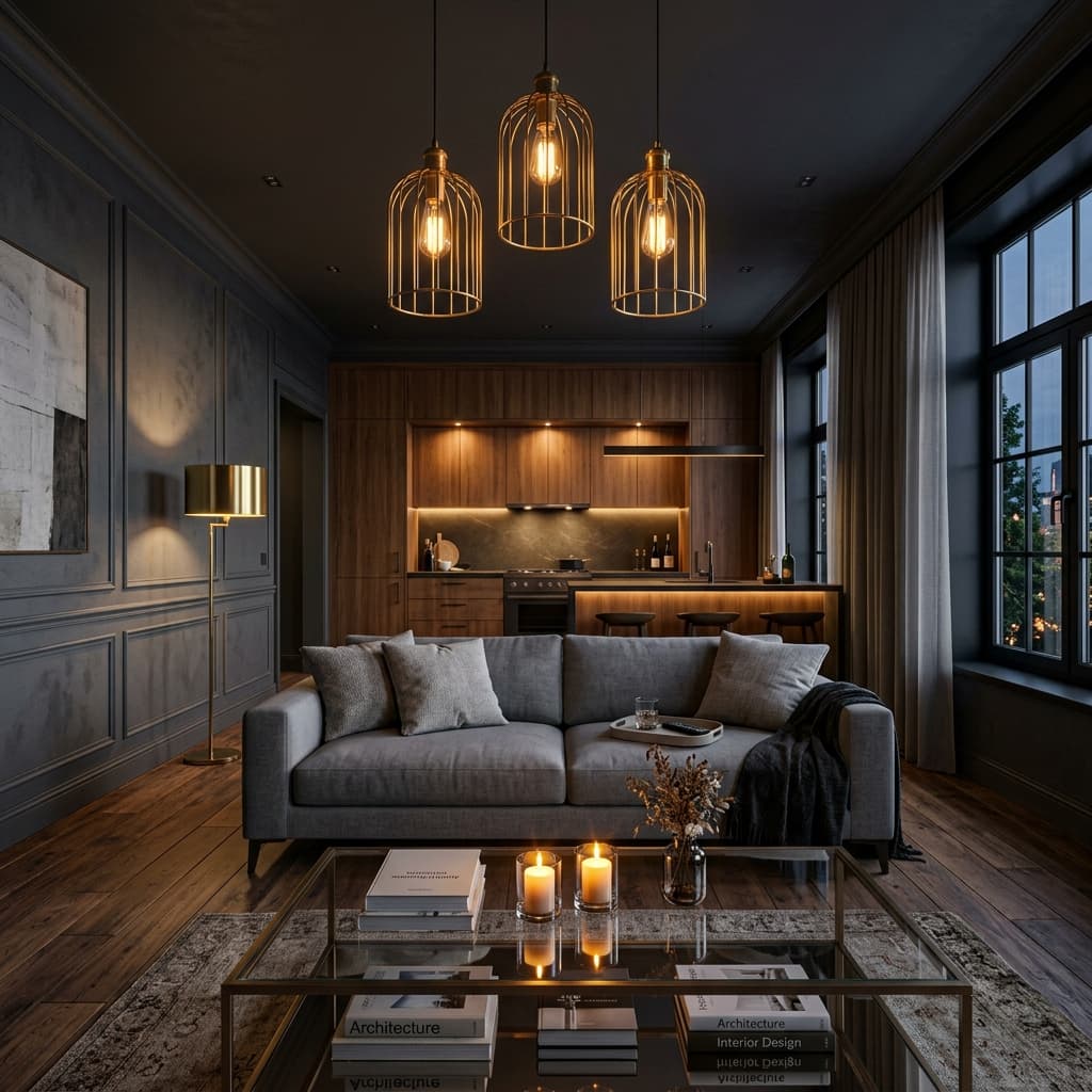Dark paneled luxury room with golden pendant lights and warm wood kitchen
