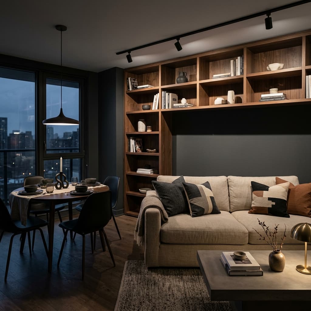 Modern apartment with built-in shelving and neutral tones