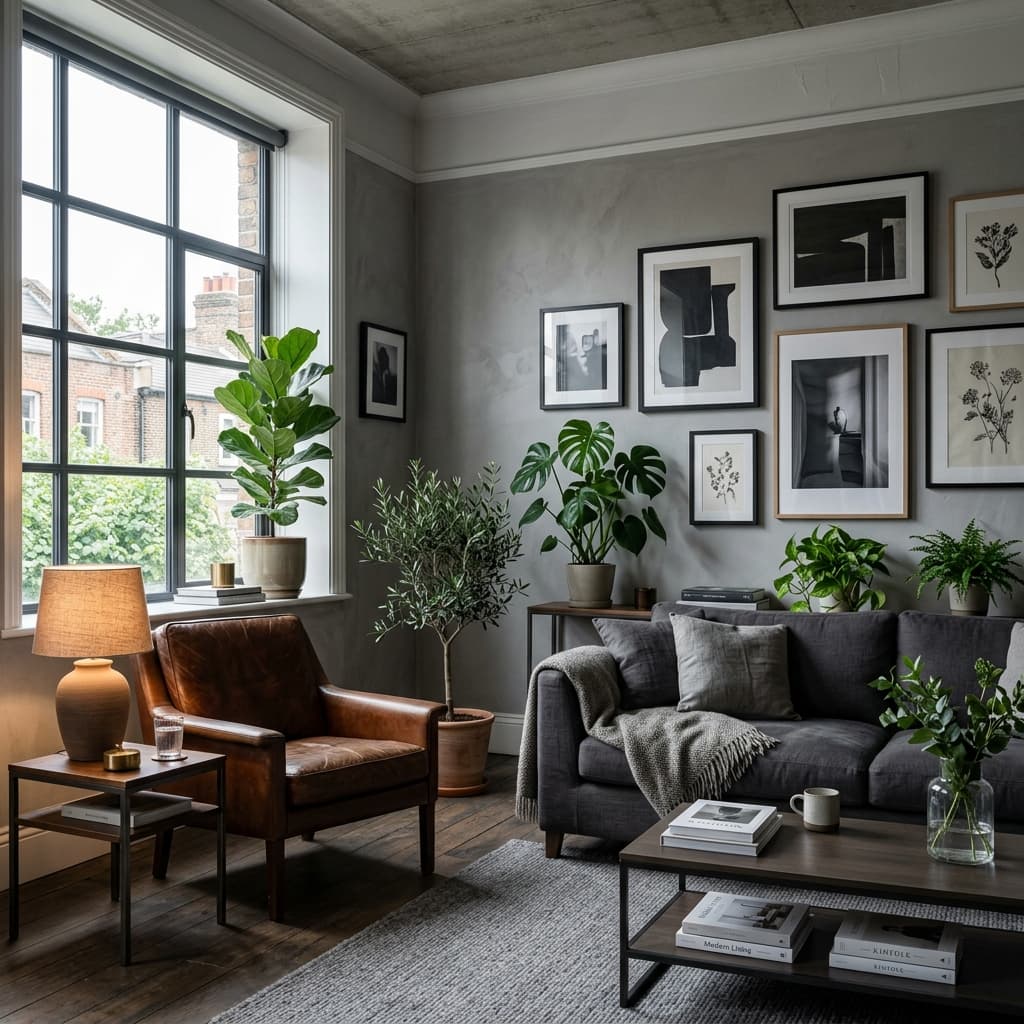 Gray living room with plants and mid-century furniture